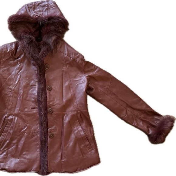 Women’s Vintage Y2K 2000’s Red Leather Jacket with Real Rabbit Fur Trim and Hood - Picture 2 of 4